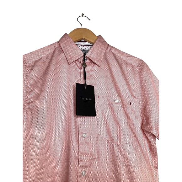 TED BAKER Men's Slim Fit GEO Print Short Sleeve Shirt Size 1 (XS) NWT Orange - Picture 4 of 10